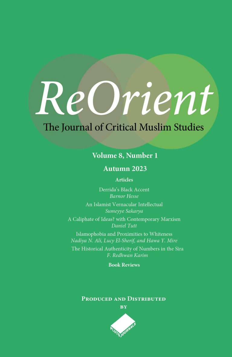 The cover of ReOrient volume 8 issue 1 is predominantly green and lists the titles of each article within the issue.